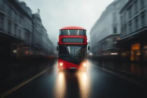 Red double-decker bus travels through rainy downtown streets in blurred motion during evening rush hour photo