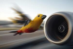 Bird in flight near airplane engine during takeoff at airport in the early morning light photo