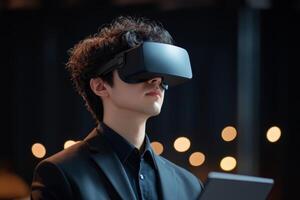 Young man wearing virtual reality headset in modern environment with ambient lighting while exploring digital content photo