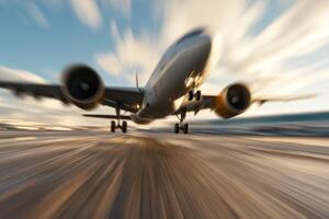 Airplane takes off from runway at sunset with blurred motion showcasing speed and power photo