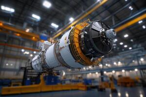 Large rocket engine prepared for assembly inside a modern aerospace manufacturing facility photo