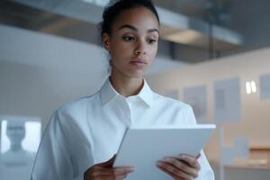 Professional woman engaged with tablet in modern office setting during work hours photo