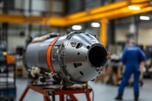 High-tech propulsion system being assembled in a modern engineering facility during a busy workday photo