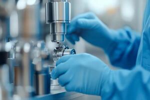 Scientist conducts precision measurements using advanced laboratory equipment in a clean environment photo