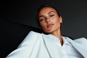 Elegant woman in white blazer with natural makeup displaying confidence in a stylish indoor setting photo