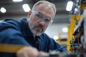 Skilled technician repairs machinery in a modern workshop during daylight hours photo