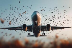 Birds scatter as an airplane approaches the runway during sunset at an airport, showcasing the dynamic interplay of nature and aviation photo