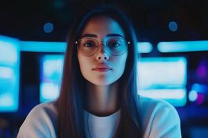 Young woman with glasses focused on screen in a dimly lit gaming environment during nighttime photo