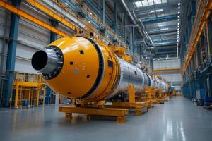 Rocket module under assembly in a state-of-the-art aerospace manufacturing facility showcasing advanced technology and engineering precision photo