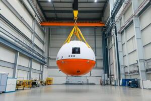 Sphere-shaped structure being lifted by crane in industrial facility during daylight hours photo
