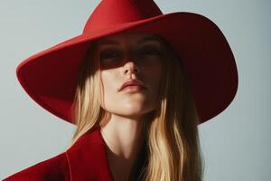 Model showcases striking fashion in bold red hat against a minimalistic background during a daytime shoot photo