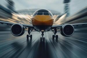 Jet aircraft takes off on a rainy day from a busy airport during twilight hours photo