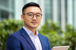 Young professional poses confidently outdoors in a modern urban setting during daylight hours photo