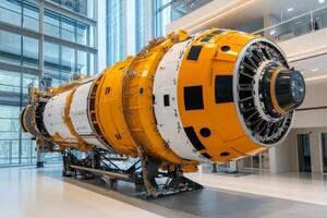 Advances in aerospace technology showcased in a vibrant rocket engine display at a modern facility photo