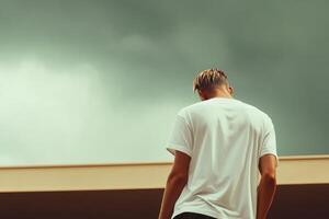 Young man stands with back to camera, gazing at cloudy sky over an urban landscape in late afternoon light photo