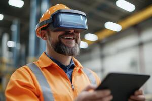 Worker utilizes virtual reality technology for training in a manufacturing facility during daytime hours photo