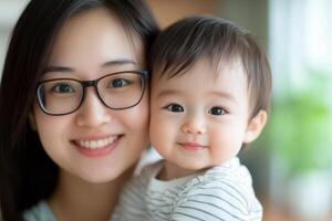 Mother smiles warmly while holding her happy baby in a cozy indoor setting during a sunny afternoon photo