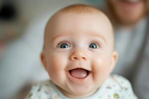 A joyful baby with blue eyes and light hair beams a wide smile while sitting comfortably indoors. photo