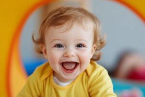 Happy baby smiles brightly in a colorful playroom during morning playtime with cheerful surroundings photo