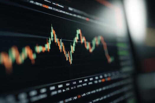 Stock market analysis with candlestick chart showing fluctuations in values during trading hours photo