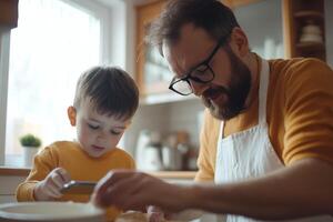 Father and son enjoy baking together in cozy kitchen during weekend afternoon photo