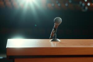 Podium microphone ready for speech at a conference held indoors during the day photo
