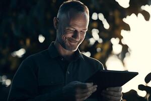 Man smiles while using a tablet outdoors during golden hour, surrounded by greenery photo
