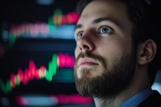 profesional hombre analizando valores mercado tendencias con digital gráficos desplegado detrás él en un moderno oficina ambiente foto