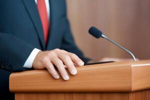 Public speaking event featuring a speaker at a podium in a formal setting with focus on hand gestures photo