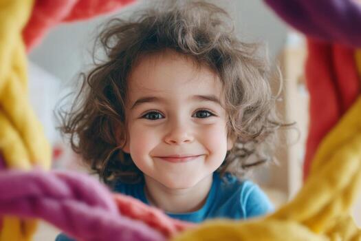 Smiling child playing with colorful ropes in a bright indoor space surrounded by toys photo