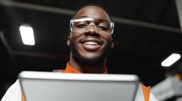 Young man wearing glasses and orange shirt smiling while using a tablet in a modern workspace setting photo