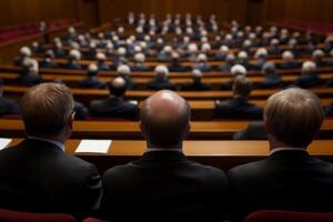 Group of officials in formal suits attending a legislative session in a large hall with rows of seats and focused discussions photo