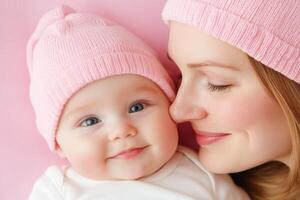 Mother and baby share a tender moment while wearing matching pink hats in a cozy setting photo
