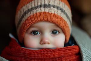 Baby wearing orange striped hat and red scarf during winter closeup in a cozy setting photo