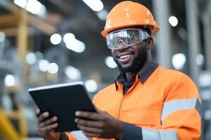 Construction worker reviewing safety protocols in warehouse during day shift photo