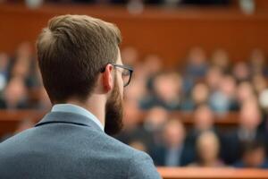 Formal presentation by a speaker addressing an audience in a conference setting with focus on engagement and communication photo