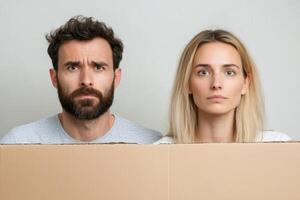 Couple with serious expressions holding a cardboard box against a plain background in an indoor setting. Real estate problem for young family concept photo