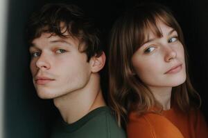 Young couple poses closely together in an intimate portrait captured indoors during soft lighting photo