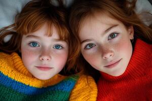 Two girls with bright eyes share a close moment while wearing colorful sweaters indoors during autumn photo