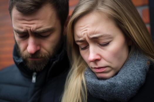 A man and woman stand together, both with furrowed brows and downcast expressions, conveying deep emotion. photo