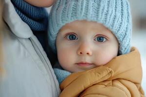 Close-up of a baby wrapped in a cozy winter outfit enjoying a chilly day outdoors photo