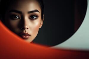 Stunning close-up of a woman showcasing striking features and captivating expression in a minimalist setting photo
