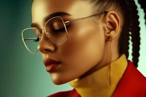 Fashionable close-up of a model showcasing modern eyewear and stylish attire in a vibrant setting photo