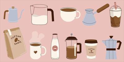 Flat-style coffee-themed illustration set featuring brewing tools, cups, beans, and milk. Perfect for branding, coffee shop menus, or design projects vector