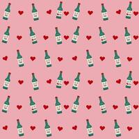 Flat-style seamless pattern featuring soju bottles and red hearts on a pink background. Perfect for designs celebrating Korean culture, love-themed events, or unique branding projects. vector