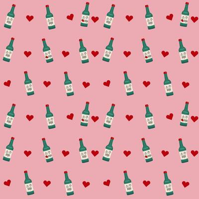 Flat-style seamless pattern featuring soju bottles and red hearts on a pink background. Perfect for designs celebrating Korean culture, love-themed events, or unique branding projects.