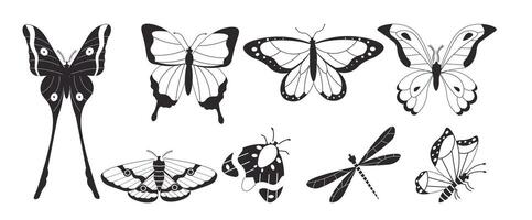 Black and white flat style illustration of various butterflies, moths, and insects with intricate wing patterns, perfect for decorative, nature-inspired, and tattoo design projects. vector