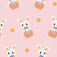 Seamless pattern of Easter bunnies with baskets and eggs, perfect for holiday, spring, and festive design projects. vector