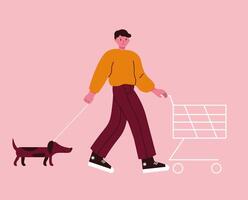 Flat style illustration of a man walking a dachshund with a shopping cart, perfect for lifestyle, pet, and modern design projects. vector
