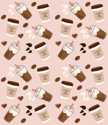 Flat-style seamless pattern of takeaway coffee cups, iced coffee, beans, and heart shapes on a soft pink background. Perfect for cafe branding, packaging, stationery, or digital designs.